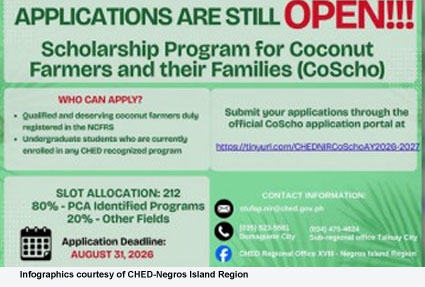 CHED Opens 212 Coconut Scholarship Slots in Negros Island Region for AY 2026&ndash;2027